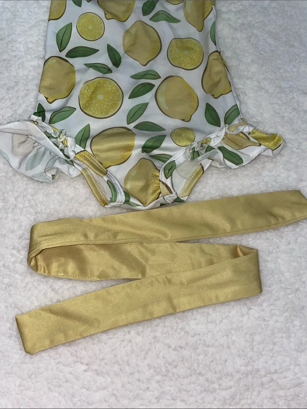 Toddler Girls Lemon Print Ruffle One-Piece Swimsuit with Matching Ribbon